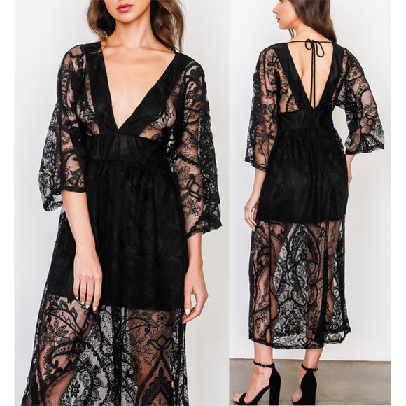 Black Sheer Lace Plunging V Neck Kimono Midi Dress - Picture 3 of 8